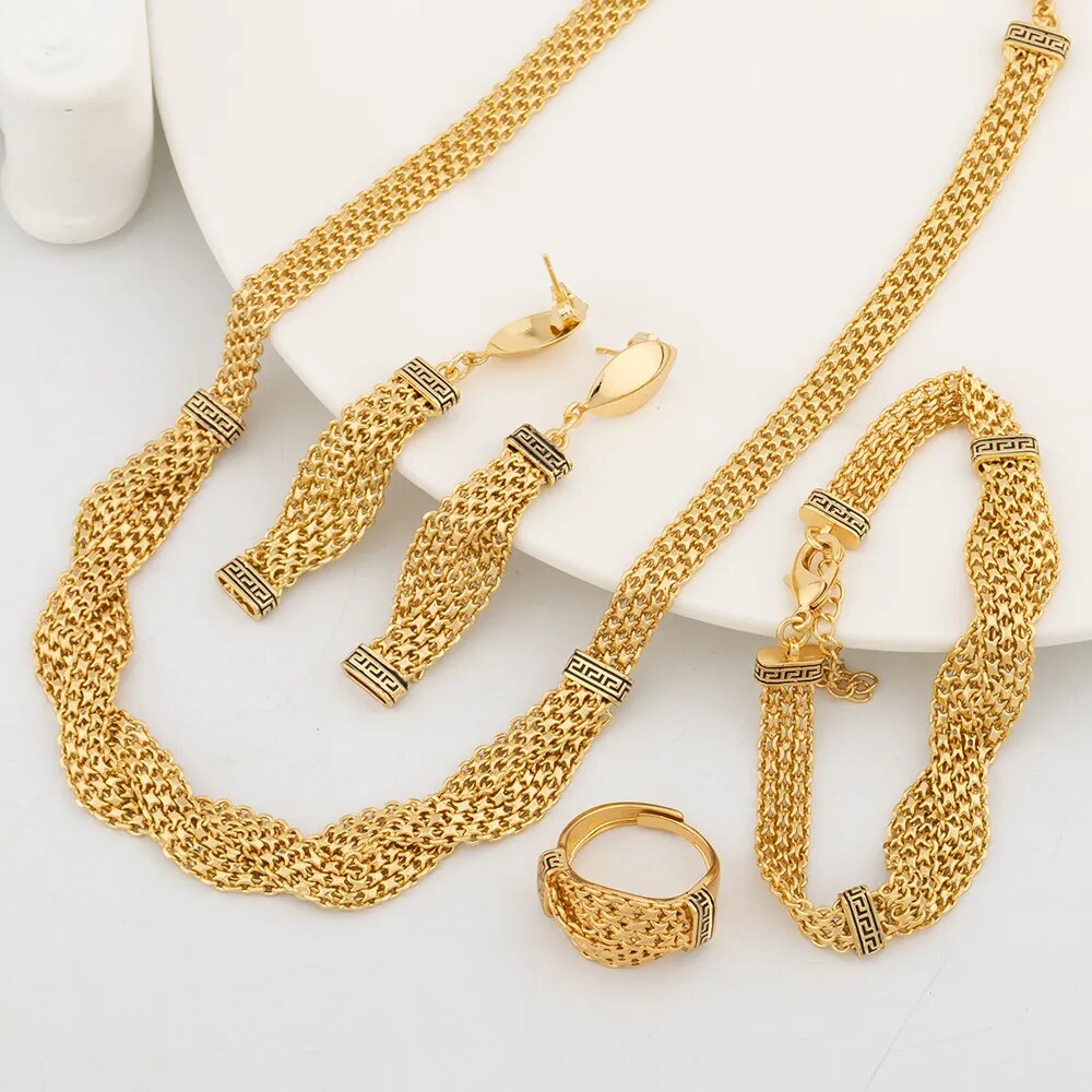 18k Gold Plated Jewelry Set for Women Luxury Wedding Italian Jewellery Bride Necklace Earring Bracelet African Jewelry Accessory
