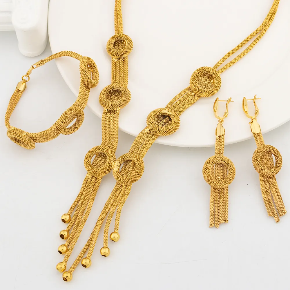 18k Gold Plated Jewelry Set for Women Luxury Wedding Italian Jewellery Bride Necklace Earring Bracelet African Jewelry Accessory