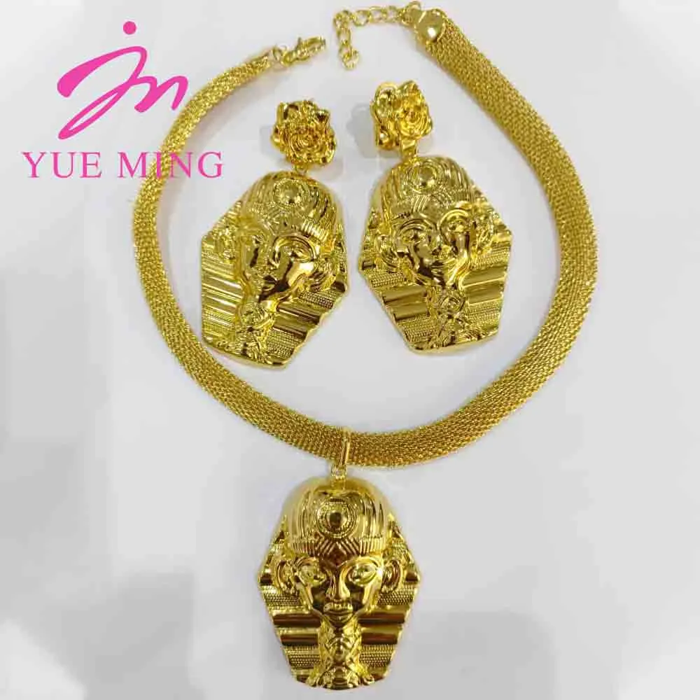 Charms Gold Plated Jewelry Sets for Women Egyptian Head Bracelet Ring Necklace Earrings 4pcs Wedding Engagement Party Jewelry