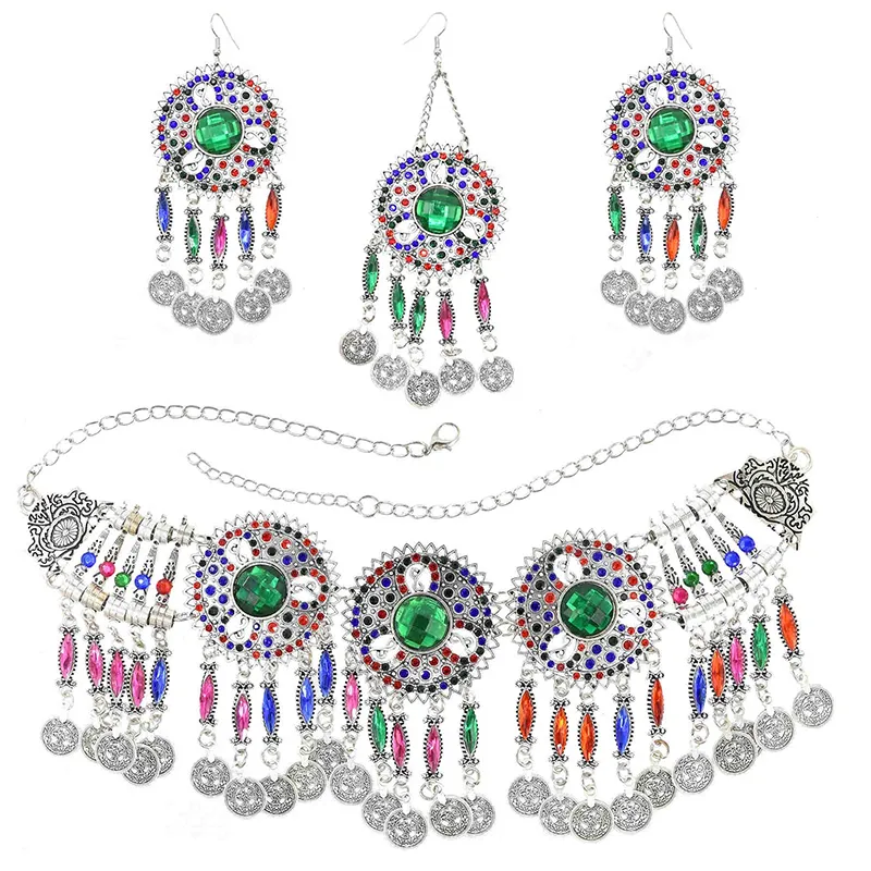 3 PCS Colorful Crystal Women Necklace Earrings Sets Coins Tassels Carved Hollow Bohemian Jewelry Sets Boho Ethnic Sets Female 3 PCS Colorful Crystal Women Necklace Earrings Sets Coins Tassels Carved Hollow Bohemian Jewelry Sets Boho Ethnic Sets Female