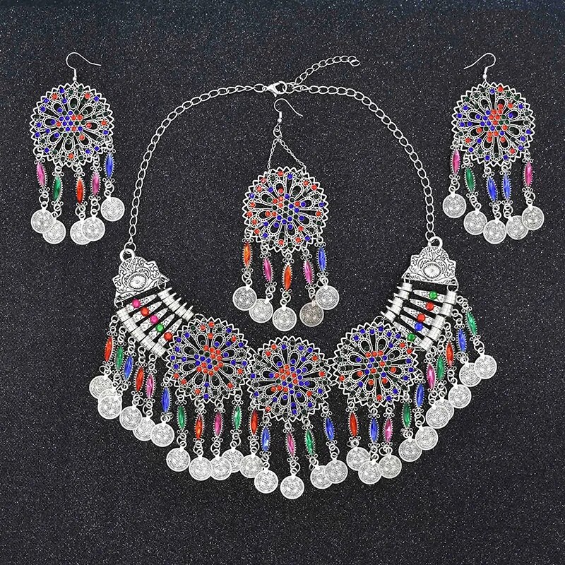 3 PCS Colorful Crystal Women Necklace Earrings Sets Coins Tassels Carved Hollow Bohemian Jewelry Sets Boho Ethnic Sets Female 3 PCS Colorful Crystal Women Necklace Earrings Sets Coins Tassels Carved Hollow Bohemian Jewelry Sets Boho Ethnic Sets Female