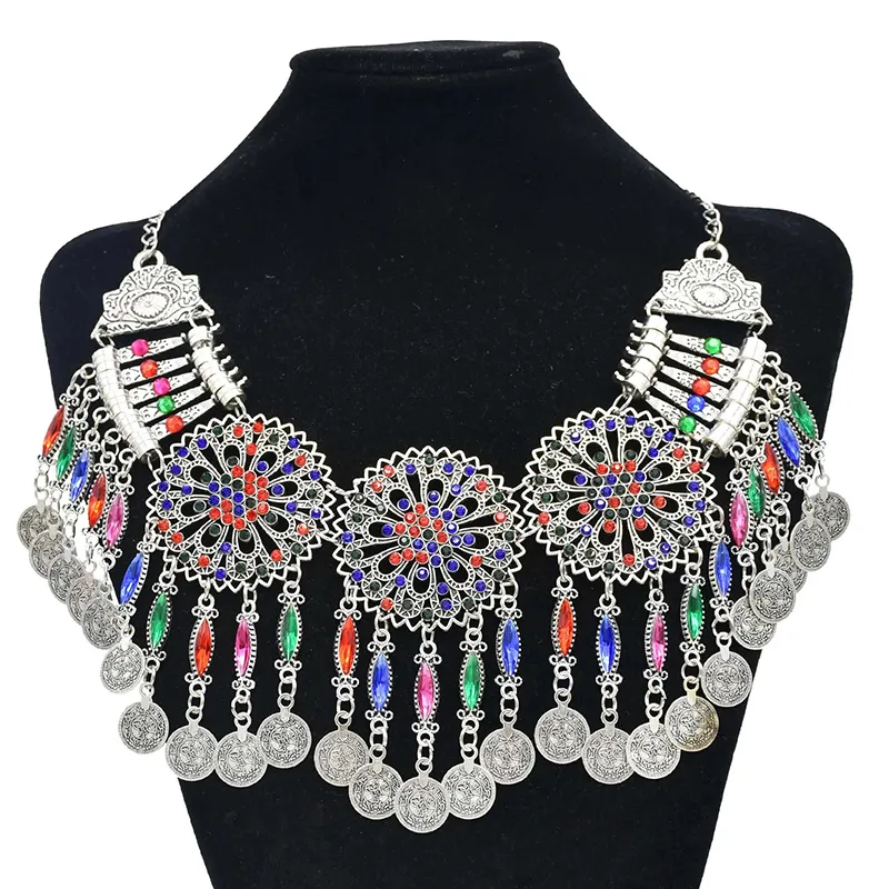 3 PCS Colorful Crystal Women Necklace Earrings Sets Coins Tassels Carved Hollow Bohemian Jewelry Sets Boho Ethnic Sets Female 3 PCS Colorful Crystal Women Necklace Earrings Sets Coins Tassels Carved Hollow Bohemian Jewelry Sets Boho Ethnic Sets Female