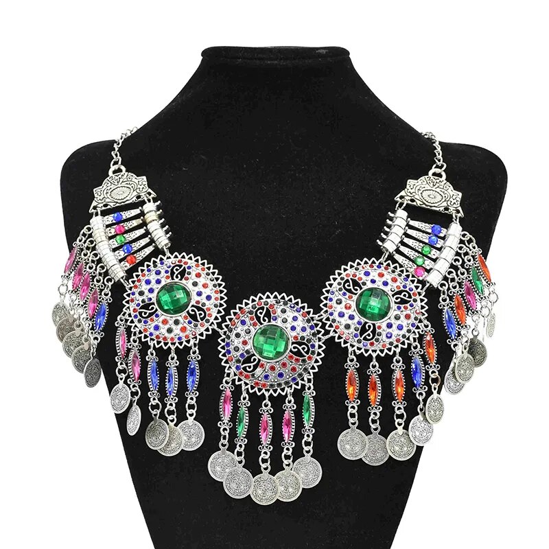 3 PCS Colorful Crystal Women Necklace Earrings Sets Coins Tassels Carved Hollow Bohemian Jewelry Sets Boho Ethnic Sets Female 3 PCS Colorful Crystal Women Necklace Earrings Sets Coins Tassels Carved Hollow Bohemian Jewelry Sets Boho Ethnic Sets Female