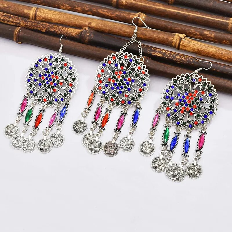 3 PCS Colorful Crystal Women Necklace Earrings Sets Coins Tassels Carved Hollow Bohemian Jewelry Sets Boho Ethnic Sets Female 3 PCS Colorful Crystal Women Necklace Earrings Sets Coins Tassels Carved Hollow Bohemian Jewelry Sets Boho Ethnic Sets Female
