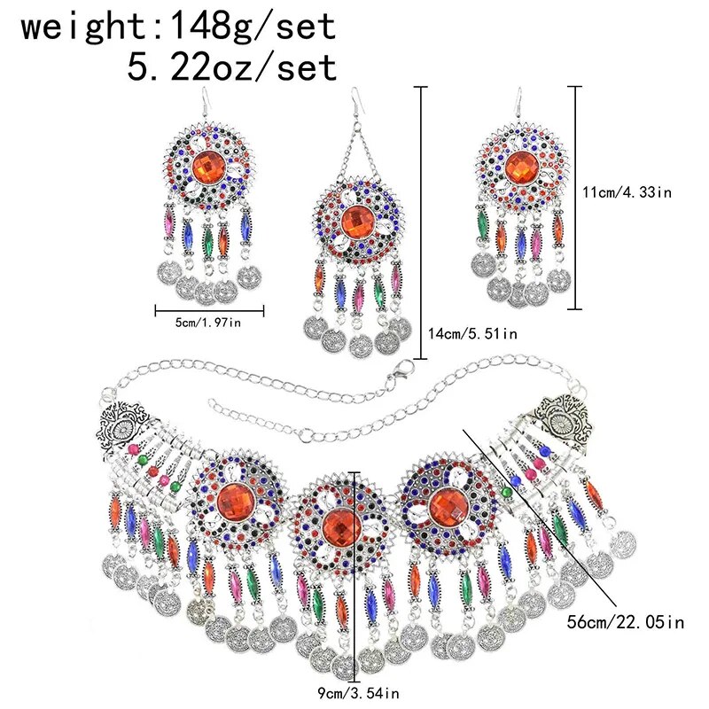 3 PCS Colorful Crystal Women Necklace Earrings Sets Coins Tassels Carved Hollow Bohemian Jewelry Sets Boho Ethnic Sets Female 3 PCS Colorful Crystal Women Necklace Earrings Sets Coins Tassels Carved Hollow Bohemian Jewelry Sets Boho Ethnic Sets Female