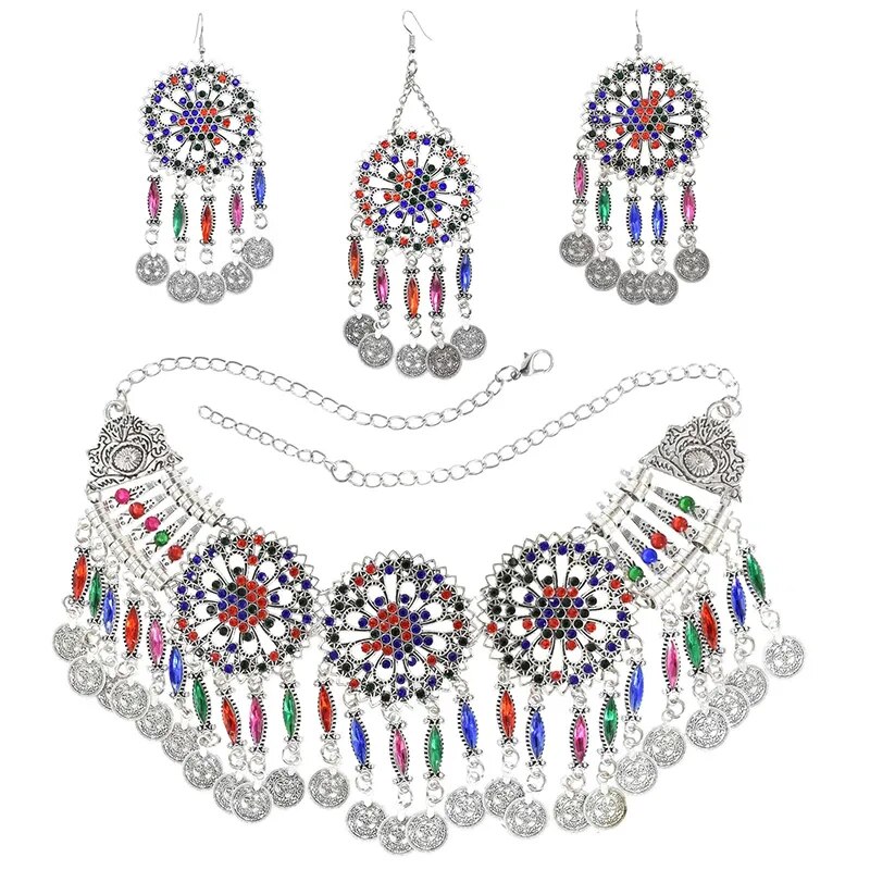 3 PCS Colorful Crystal Women Necklace Earrings Sets Coins Tassels Carved Hollow Bohemian Jewelry Sets Boho Ethnic Sets Female 3 PCS Colorful Crystal Women Necklace Earrings Sets Coins Tassels Carved Hollow Bohemian Jewelry Sets Boho Ethnic Sets Female