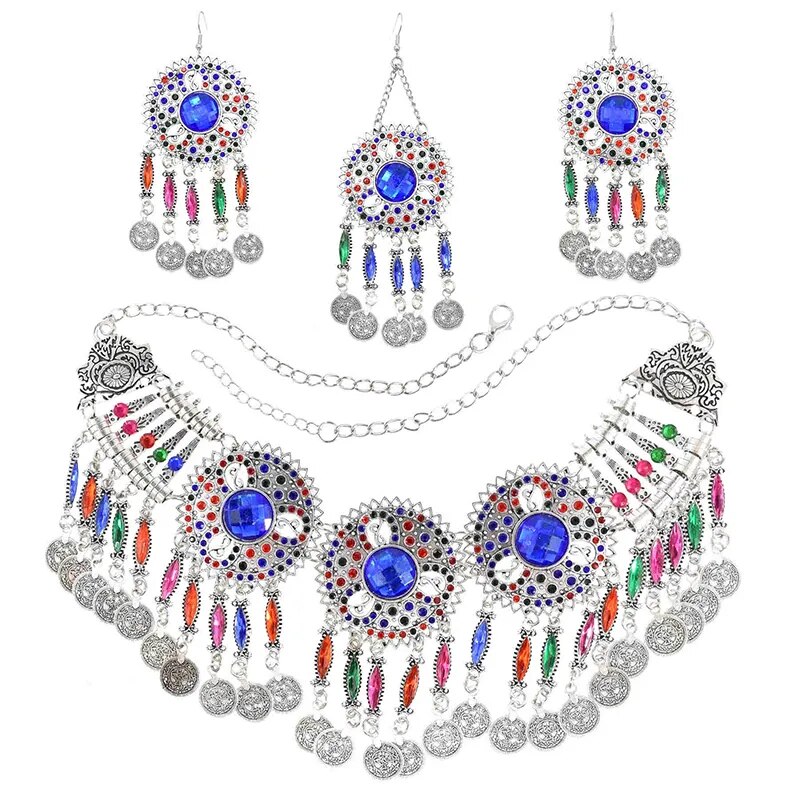 3 PCS Colorful Crystal Women Necklace Earrings Sets Coins Tassels Carved Hollow Bohemian Jewelry Sets Boho Ethnic Sets Female 3 PCS Colorful Crystal Women Necklace Earrings Sets Coins Tassels Carved Hollow Bohemian Jewelry Sets Boho Ethnic Sets Female