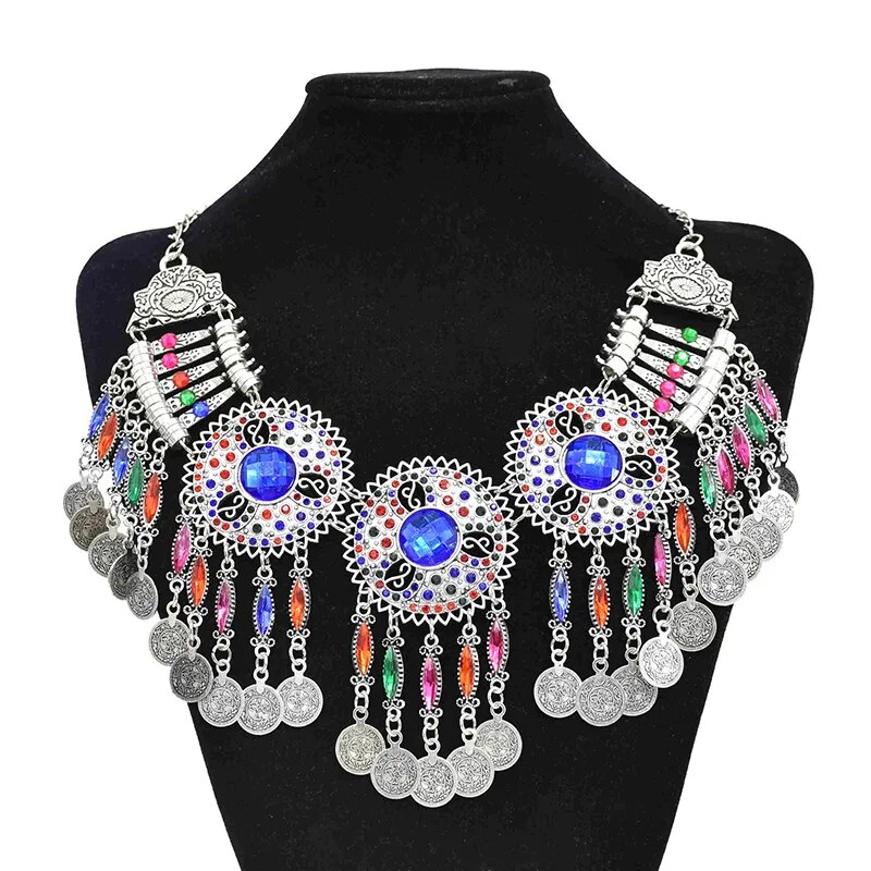 3 PCS Colorful Crystal Women Necklace Earrings Sets Coins Tassels Carved Hollow Bohemian Jewelry Sets Boho Ethnic Sets Female 3 PCS Colorful Crystal Women Necklace Earrings Sets Coins Tassels Carved Hollow Bohemian Jewelry Sets Boho Ethnic Sets Female