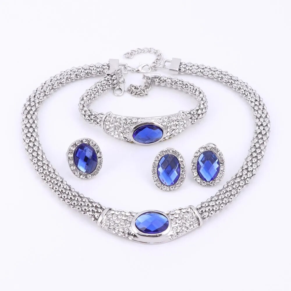 Fashionable Jewelry Sets For Women Blue Oval Pendant Crystal Necklace Earrings Bracelet Ring Silver Plated Wedding Jewelry Sets