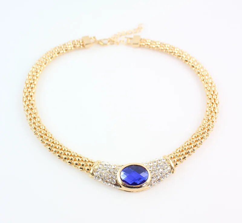 Fashionable Jewelry Sets For Women Blue Oval Pendant Crystal Necklace Earrings Bracelet Ring Silver Plated Wedding Jewelry Sets