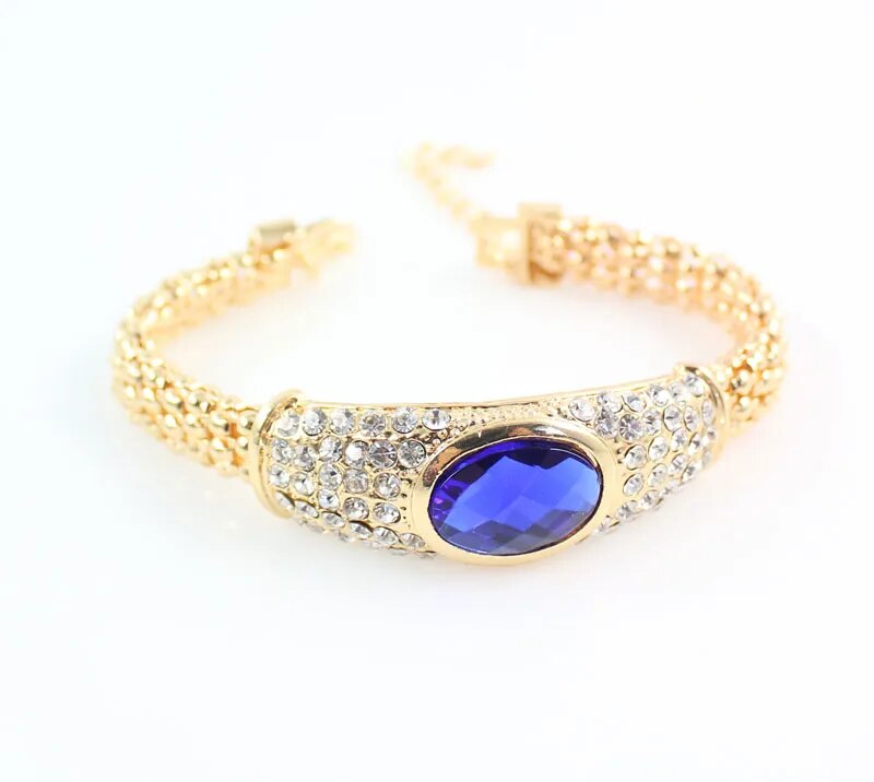 Fashionable Jewelry Sets For Women Blue Oval Pendant Crystal Necklace Earrings Bracelet Ring Silver Plated Wedding Jewelry Sets