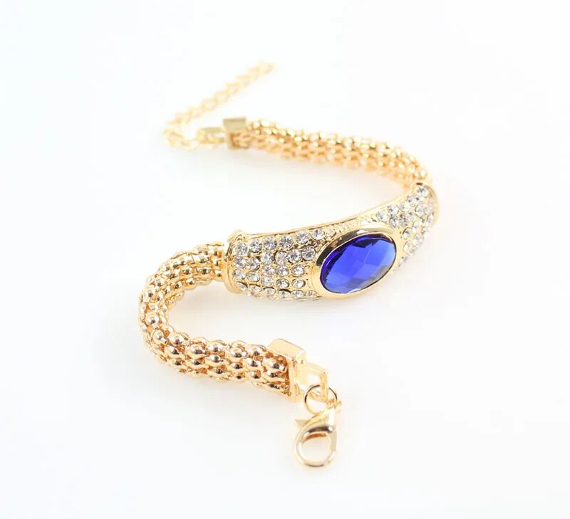 Fashionable Jewelry Sets For Women Blue Oval Pendant Crystal Necklace Earrings Bracelet Ring Silver Plated Wedding Jewelry Sets