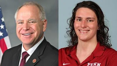 Minnesota Gov. Tim Walz, left, and University of Pennsylvania male swimmer Will "Lia" Thomas