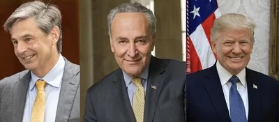 Matt Dolan (L) is running as a Republican for U.S. Senate in Ohio; Senate Democratic Leader Chuck Schumer (M) and former President Donald J. Trump (R)