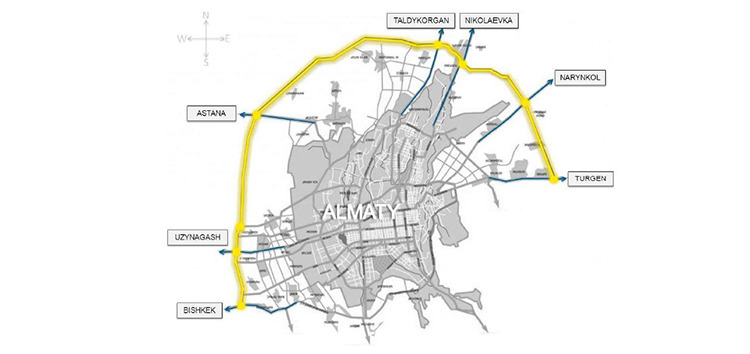 This map shows the circular road that will be built around Almaty, Kazakhstan.