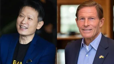 Richard Teng, CEO of Binance (L), U.S. Senator Richard Blumenthal (R)