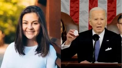 Laken Riley, left, and President Joe Biden (D) delivering his 2024 State of the Union Address