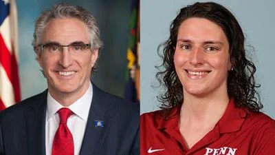 North Dakota Gov. Doug Burgum, left, and University of Pennsylvania male swimmer Will "Lia" Thomas