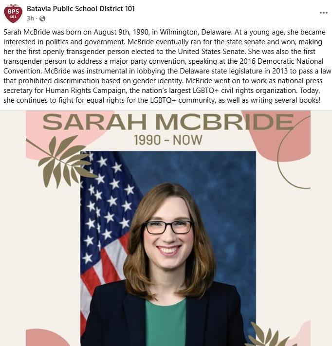 Batavia Public School District 101, led by Superintendent Tom Kim, faces backlash over a Women’s History Month post highlighting transgender Rep. Sarah McBride.