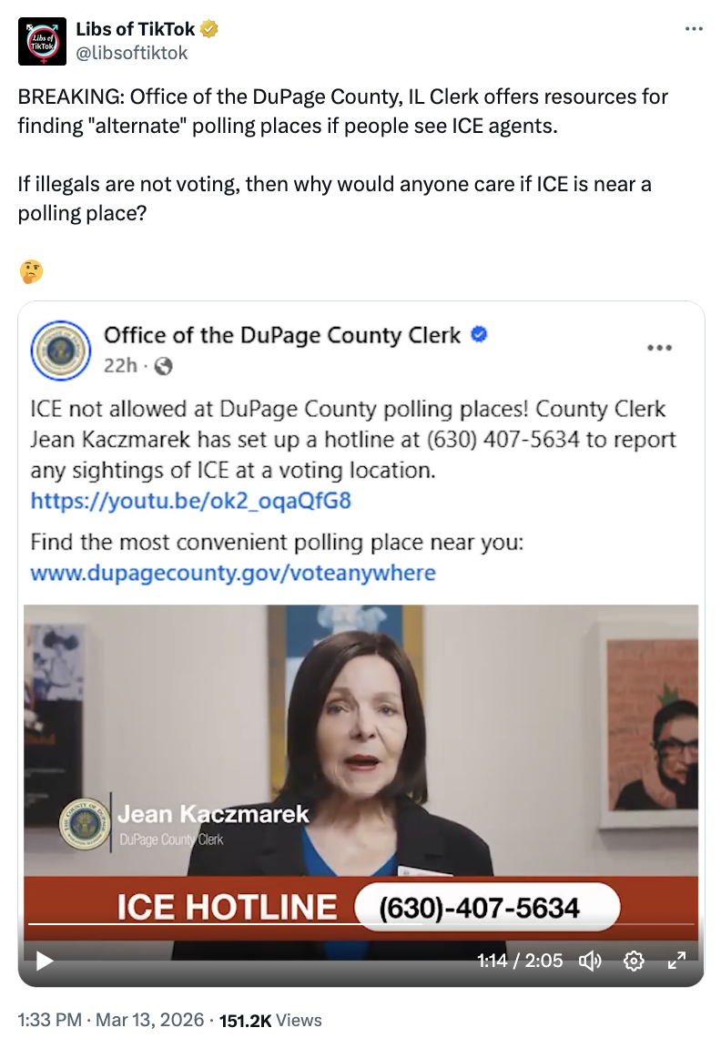 DuPage County Clerk Jean Kaczmarek in a video urges voters to report ICE sightings at polls via a hotline.