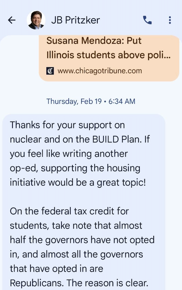 Gov. JB Pritzker described concerns about Illinois private schools as “racist” and “anti-American” in a text to Comptroller Susana Mendoza amid debate over whether to opt into a federal tax credit scholarship program.