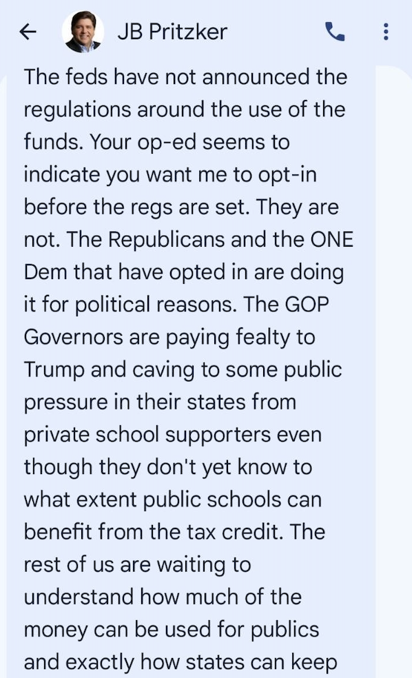 Gov. JB Pritzker described concerns about Illinois private schools as “racist” and “anti-American” in a text to Comptroller Susana Mendoza amid debate over whether to opt into a federal tax credit scholarship program.