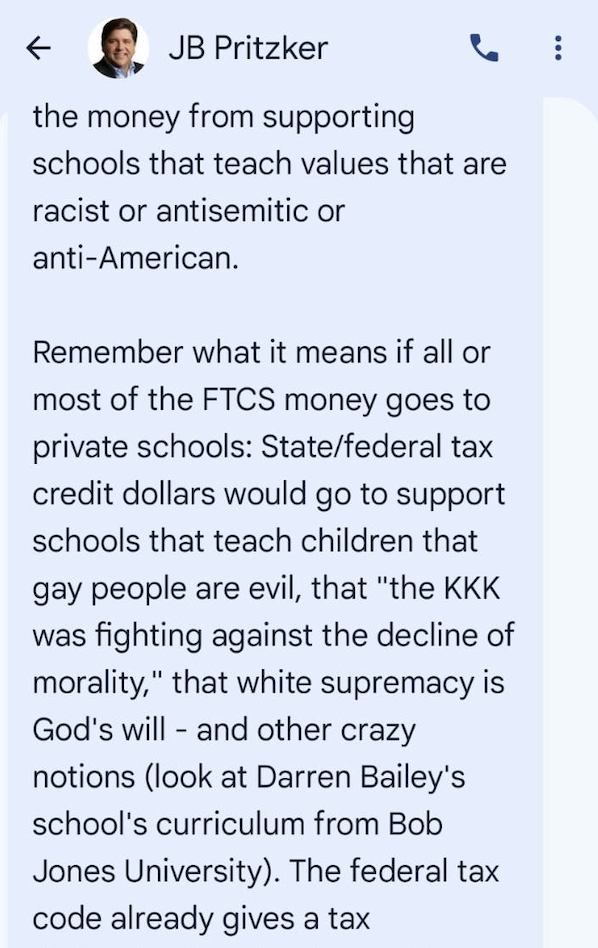 Gov. JB Pritzker described concerns about Illinois private schools as “racist” and “anti-American” in a text to Comptroller Susana Mendoza amid debate over whether to opt into a federal tax credit scholarship program.