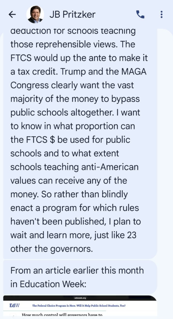 Gov. JB Pritzker described concerns about Illinois private schools as “racist” and “anti-American” in a text to Comptroller Susana Mendoza amid debate over whether to opt into a federal tax credit scholarship program.