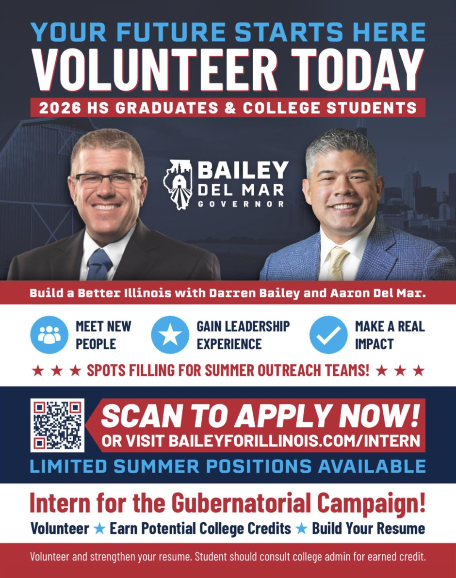 Screenshot from a Bailey-Del Mar campaign video in which Darren Bailey (left) and Aaron Del Mar (right) discuss Chicago as Del Mar urges Bailey to reconsider his 2022 “hellhole” description of the city.