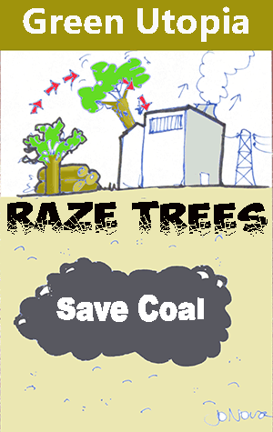 Greens protect coal deposits, destroy forests. Cartoon.