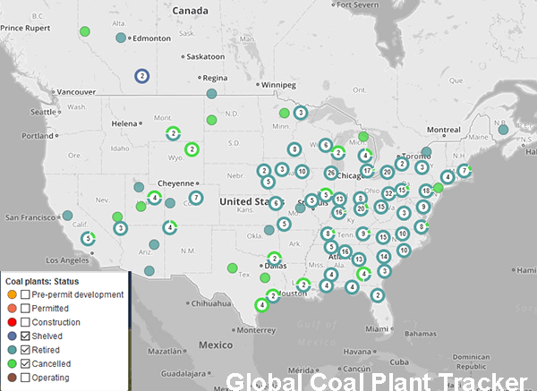 Closed, cancelled, retired, coal fired power plants, USA, Canada, Map.