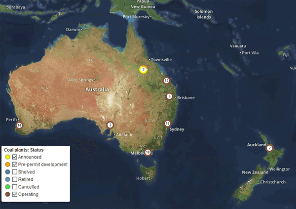 New and Current coal fired power plants, Australia, New Zealand, Map.