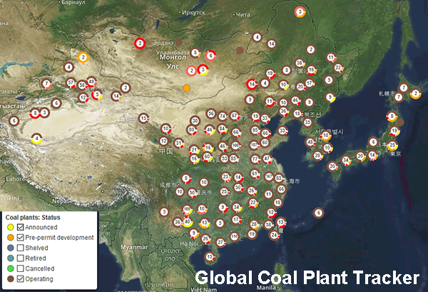 New and Current coal fired power plants, China, Japan, Map.