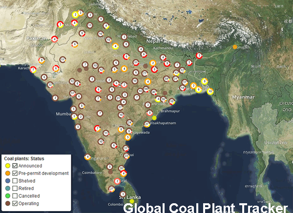 New and Current coal fired power plants, India, Map.