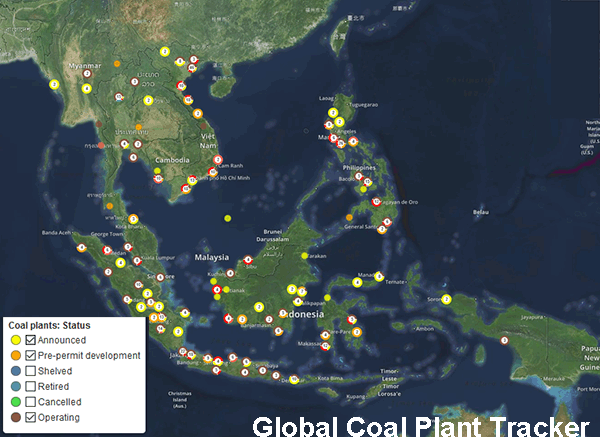 New and Current coal fired power plants, SE Asia, Indonesia, Vietnam, Malaysia, Map.