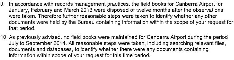 Bureau of Meteorology, raw data, Canberra, temperatures. FOI.