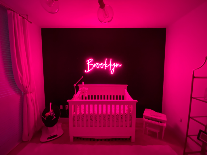 white, black and pink nursery