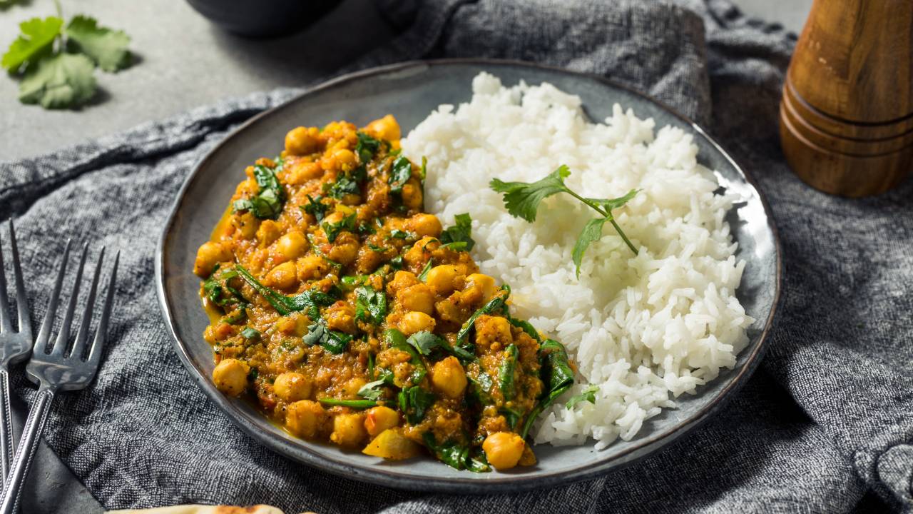 Golden chickpea and spinach curry with turmeric rice