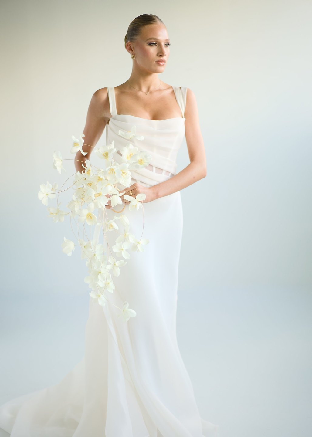 Wired white tulip cascade bouquet