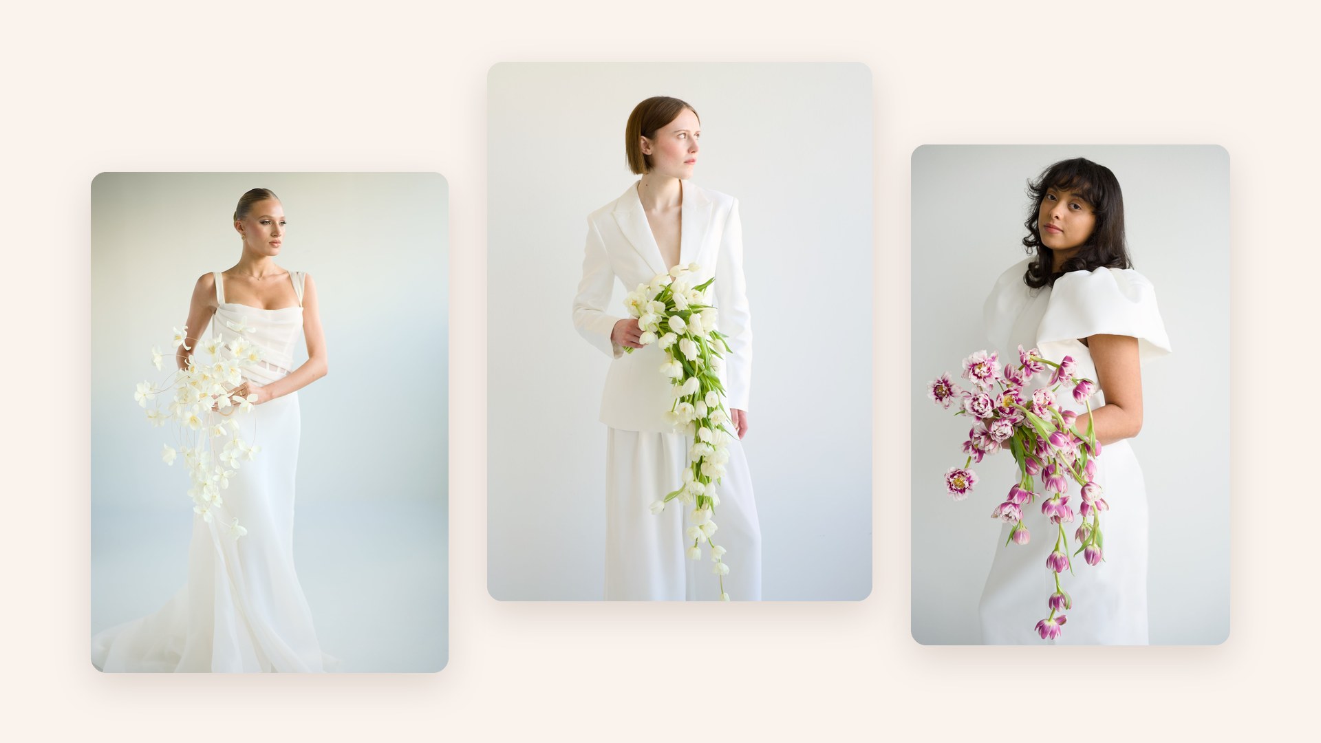 Three tulip cascade bouquets: a wired white tulip cascade, a white tulip cascade, and a pink double tulip cascade