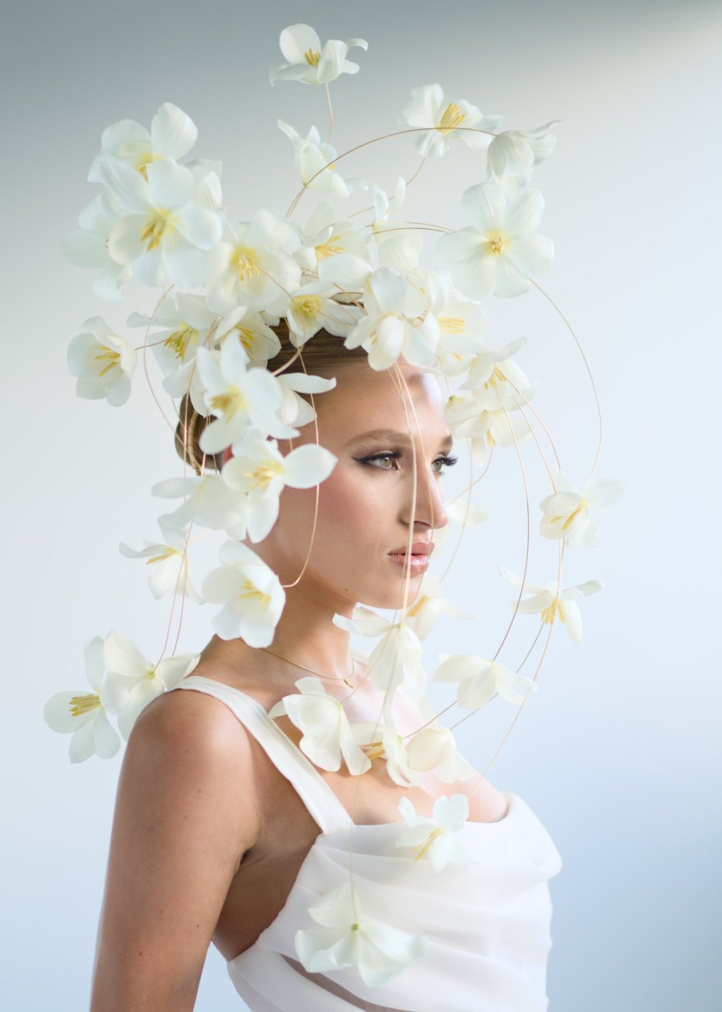 Wired tulip cascade worn as a headpiece