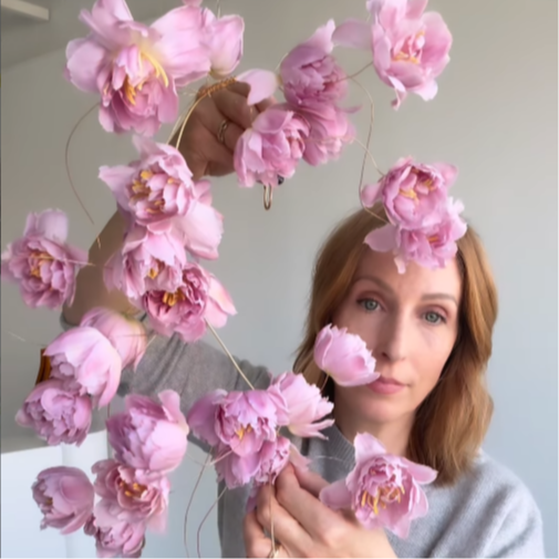 Sue holding a wired pink tulip cascade
