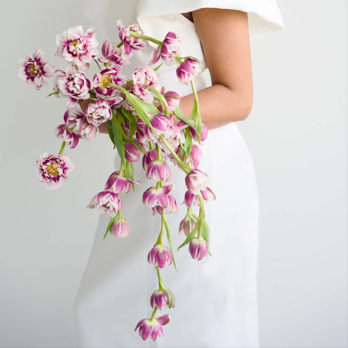 Pink and white double tulip cascade bouquet