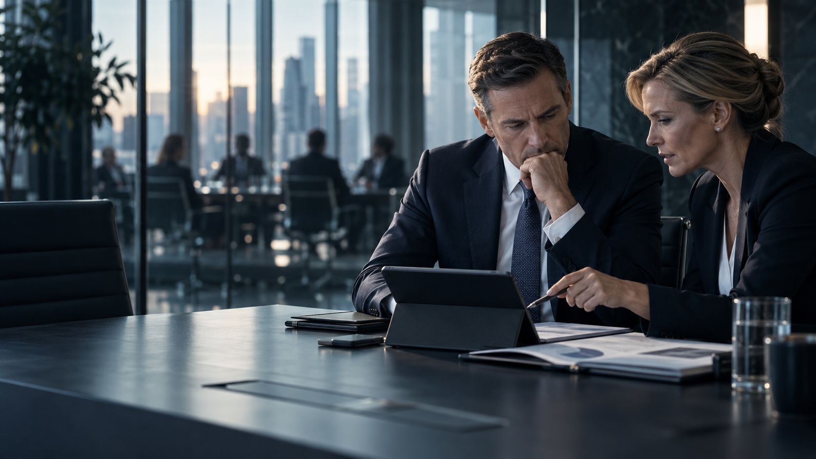 Portfolio-company executives reviewing performance before a board meeting