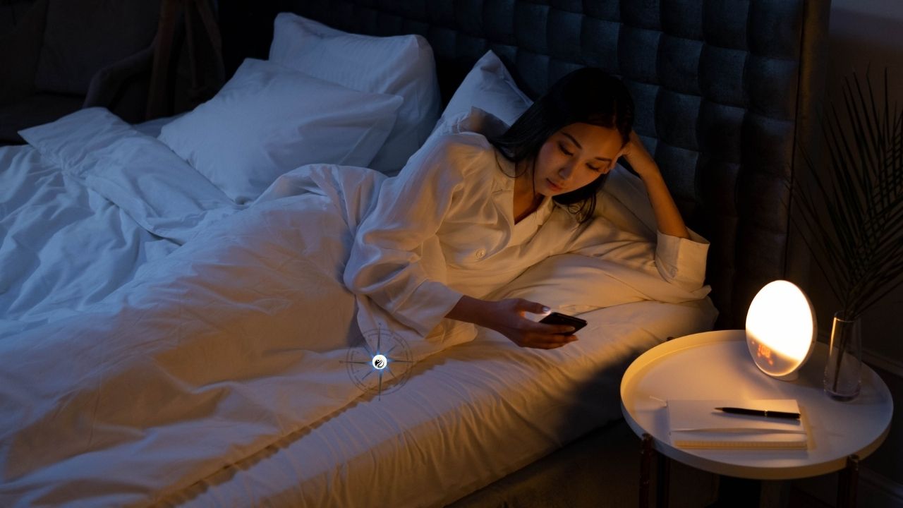 Femme seule avec cellulaire au lit