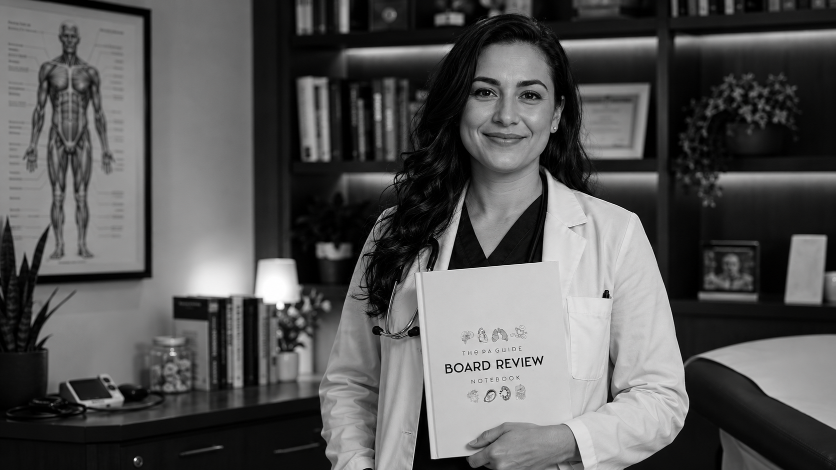 Practicing PA in a white coat holding the Board Review Notebook