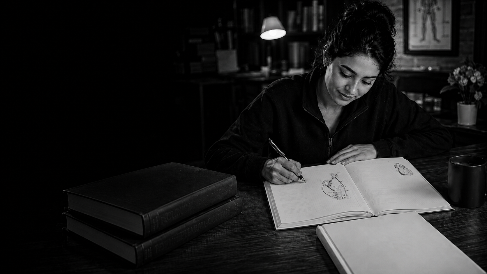 PA student sketching a heart diagram in the Board Review Notebook
