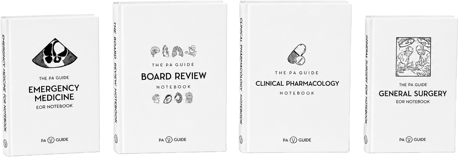 The four core PA Guide hardcover notebooks — Emergency Medicine EOR, Board Review, Clinical Pharmacology, and General Surgery EOR