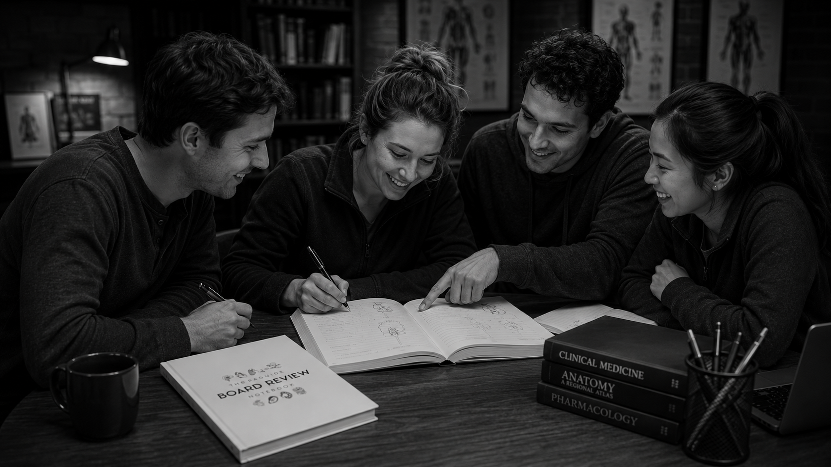 Four PA students studying together with the Board Review Notebook