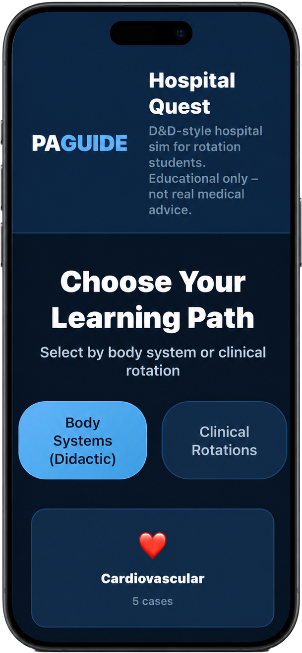 PA Guide Hospital Quest — clinical decision game